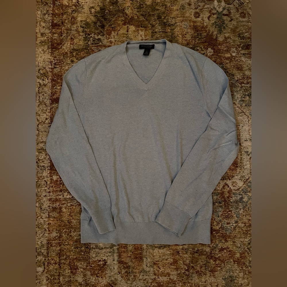 Banana Republic Mens Sweater Solid Baby Blue L Cotton Blend Long Sleeve V Neck